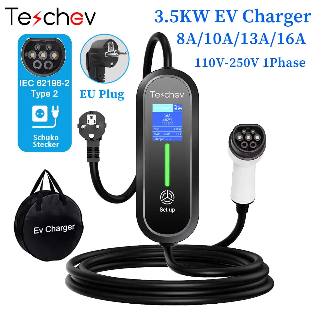 Teschev 3.5KW chargeur EV Portable Type2 IEC 62196 chargeur de voiture électrique 16A 1 Phase EVSE charge rapide Wallbox EV Station de charge