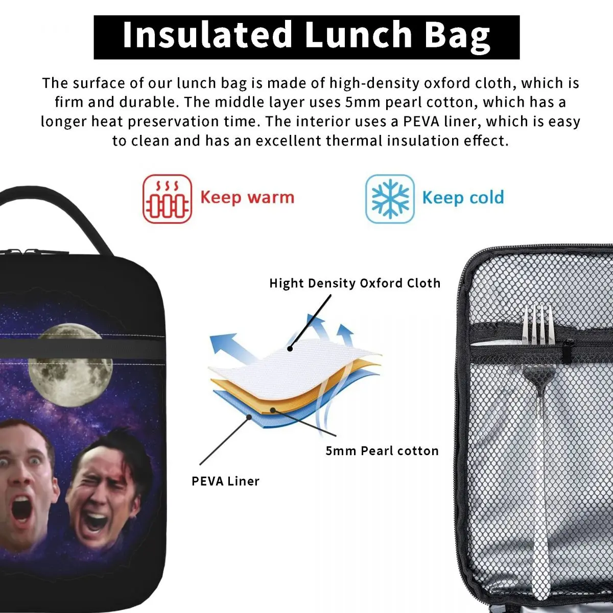 Nicolas Cage Moon Meme-Bolsa de almuerzo aislada para la escuela y la Oficina, bolsa de almacenamiento de alimentos, fiambrera térmica portátil