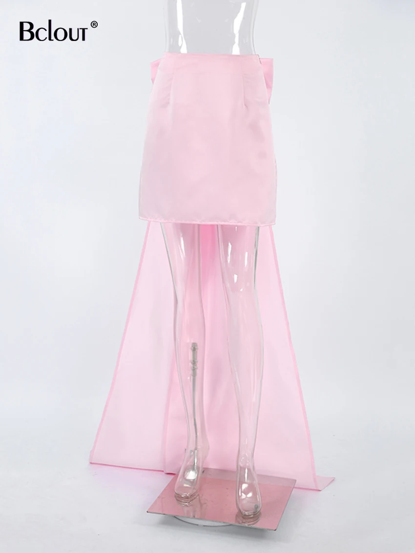 Bclout-Mini jupes en satin rose à gros nœud pour femmes, chic, élégante, solide, slim, fête, sexy, taille haute, droite, printemps