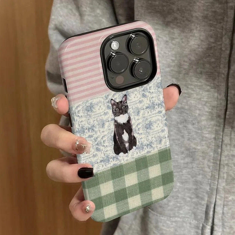 Vintage Patchwork Tuxedo Cat Print Glossy Casual Style Phone Case for iPhone 17 16 15 14 13 12 11 Pro Max Plus Back Cover view 4