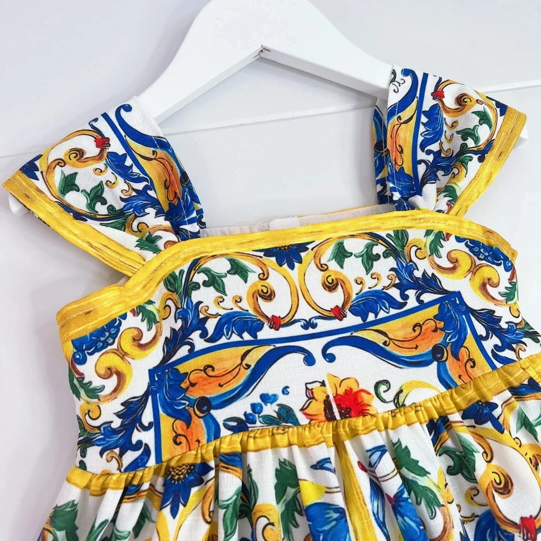 2025 New Children Yellow Flower Dress Princess Dress Sleeveless Girl Summer Clothes High End Children Clothing