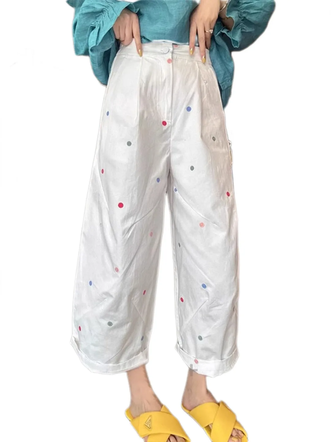 Spodnie damskie z wysokim stanem i szerokimi nogawkami, letnie, cienkie, bawełniane, w kropki, z haftem, codzienne i spodnie dla mamy, retro, eleganckie spodnie do pracy.