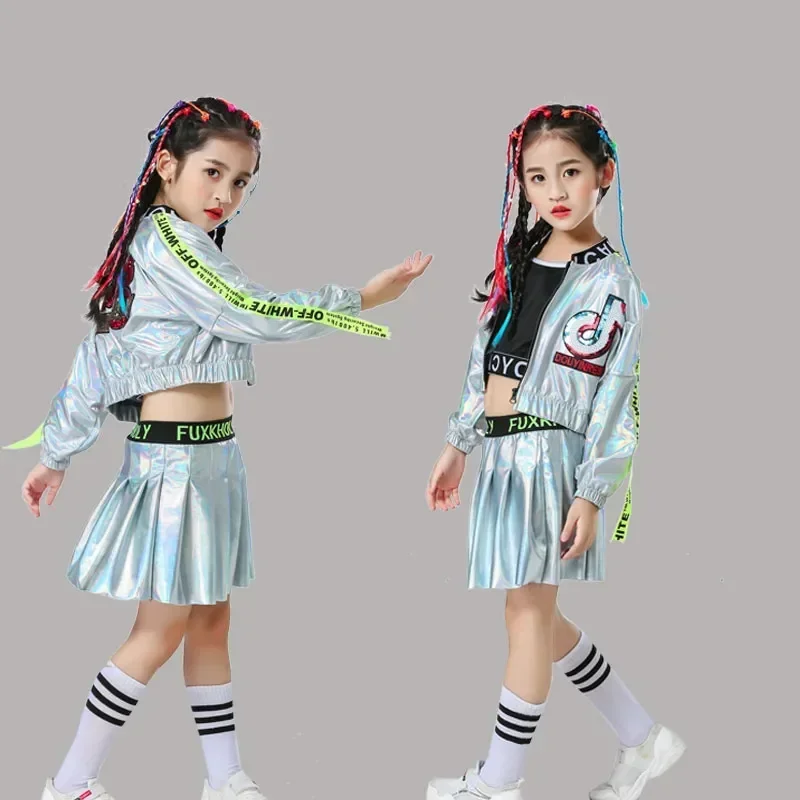 

Boy Hip-hop Set Girl Silver Color Jazz Dance Costume Kid Catwalk Dance Costume Cool Rave Outfits Children Performance Clothes