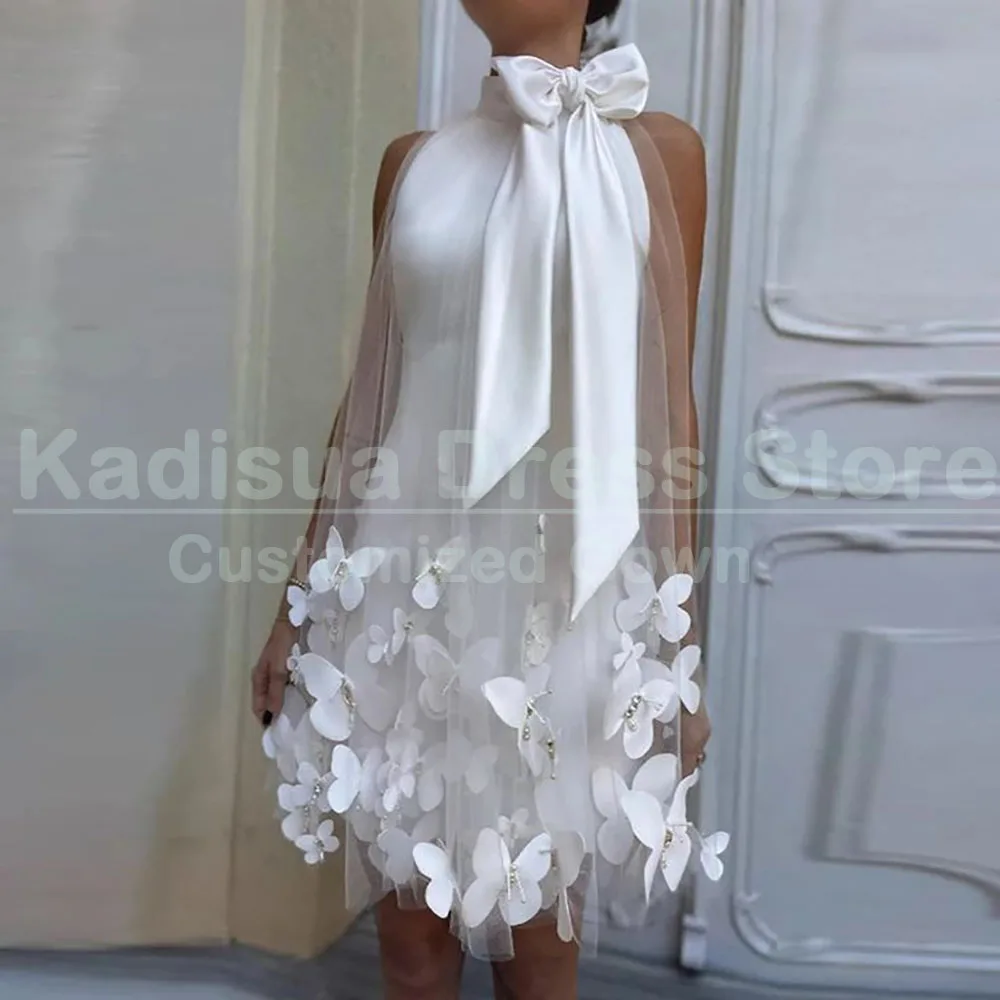 

Elegant White Applqies Evening Dress Fashion Knee-Length Sleeveless High Neck Gowns Special Occasion Customzied Dress Vestidos