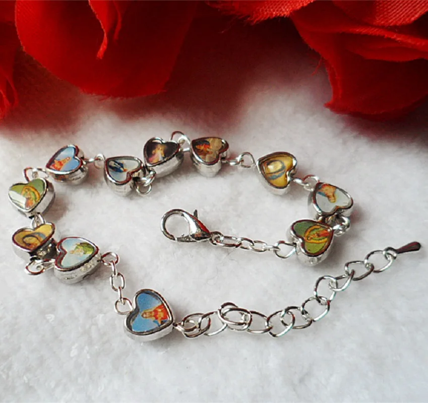 Wholsale free ship fancy metal heart beads catholic bracelet, exquisite religious bracelets double side saint sticker with epoxy
