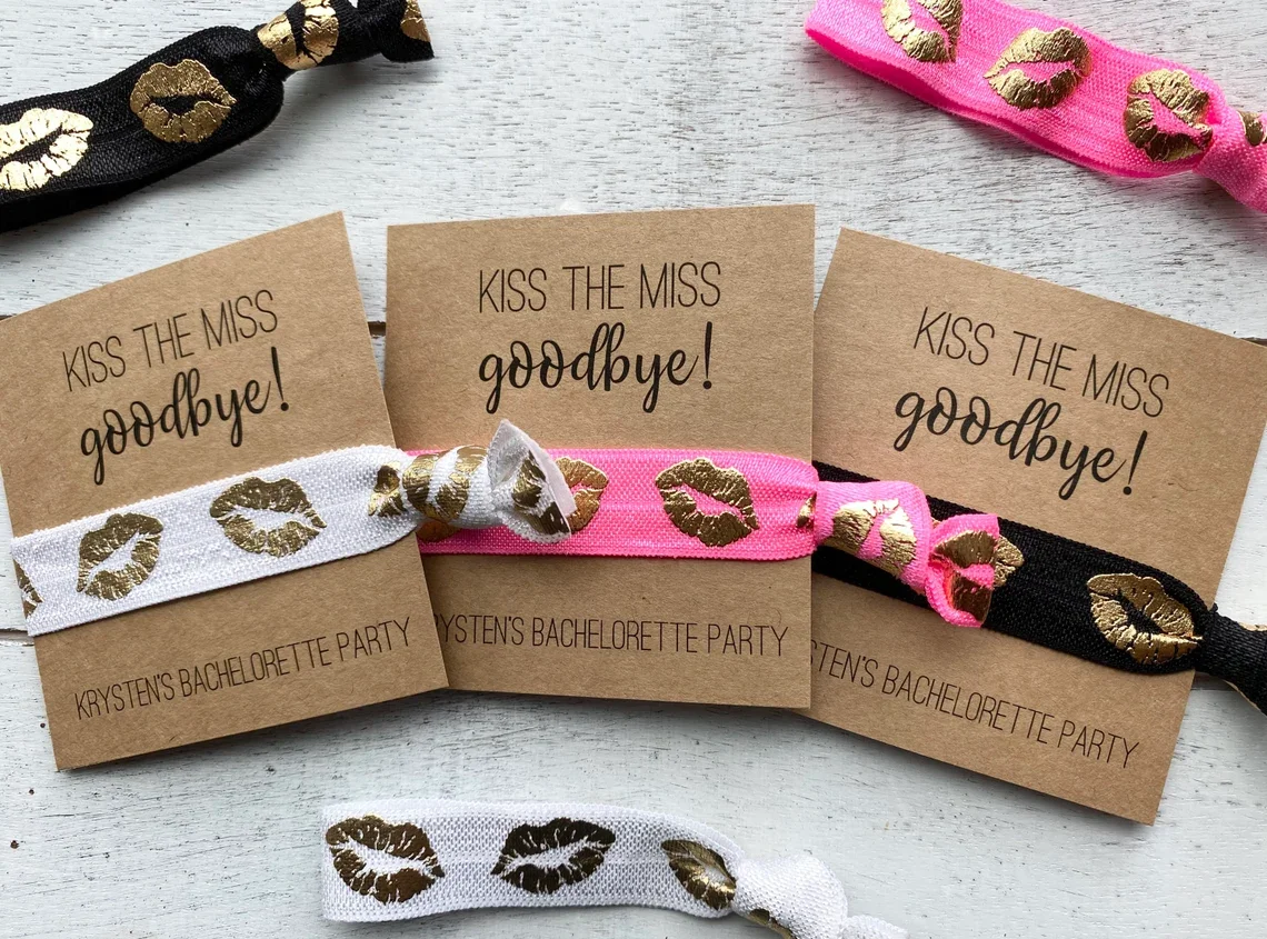 Bachelorette Party Favors | Kiss the Miss Goodbye Hair Tie Gift | Bracelets with Gold Lips