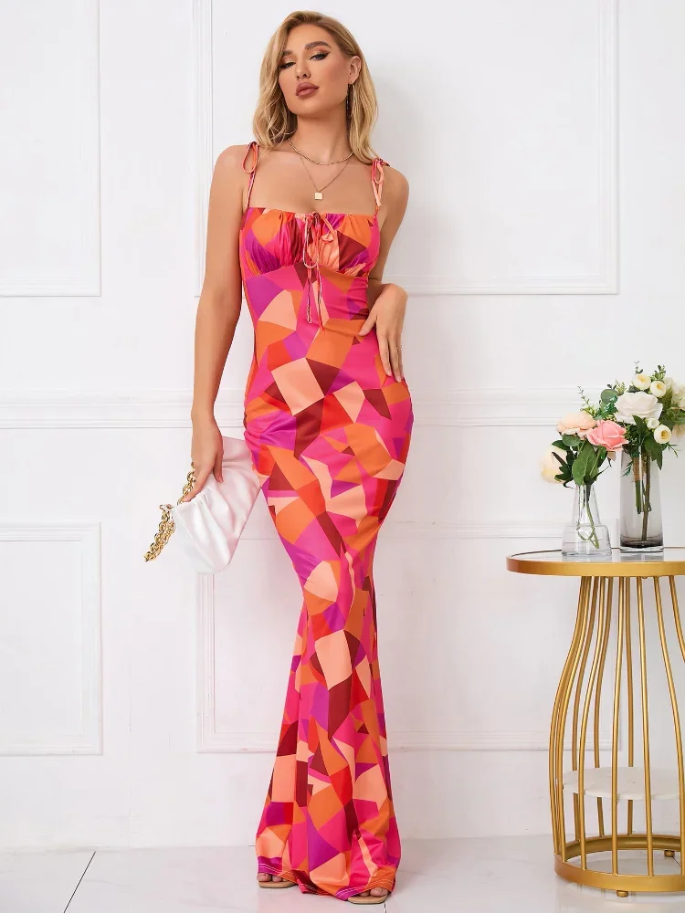 

Sexy Slim Printed Dress For Women Holiday Sleeveless V Neck Split Midi Dresses 2024 Summer Lady Chic Commuting Bodycon Robes