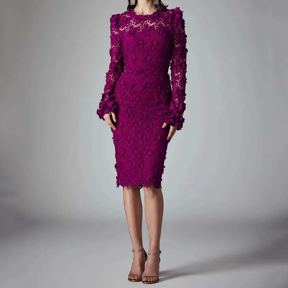 Women's Straight Cocktail Dresses Knee-length O-neck Full Sleeve Prom Gown Simple Fashion Lace Flowers Exquisite Customized Gown