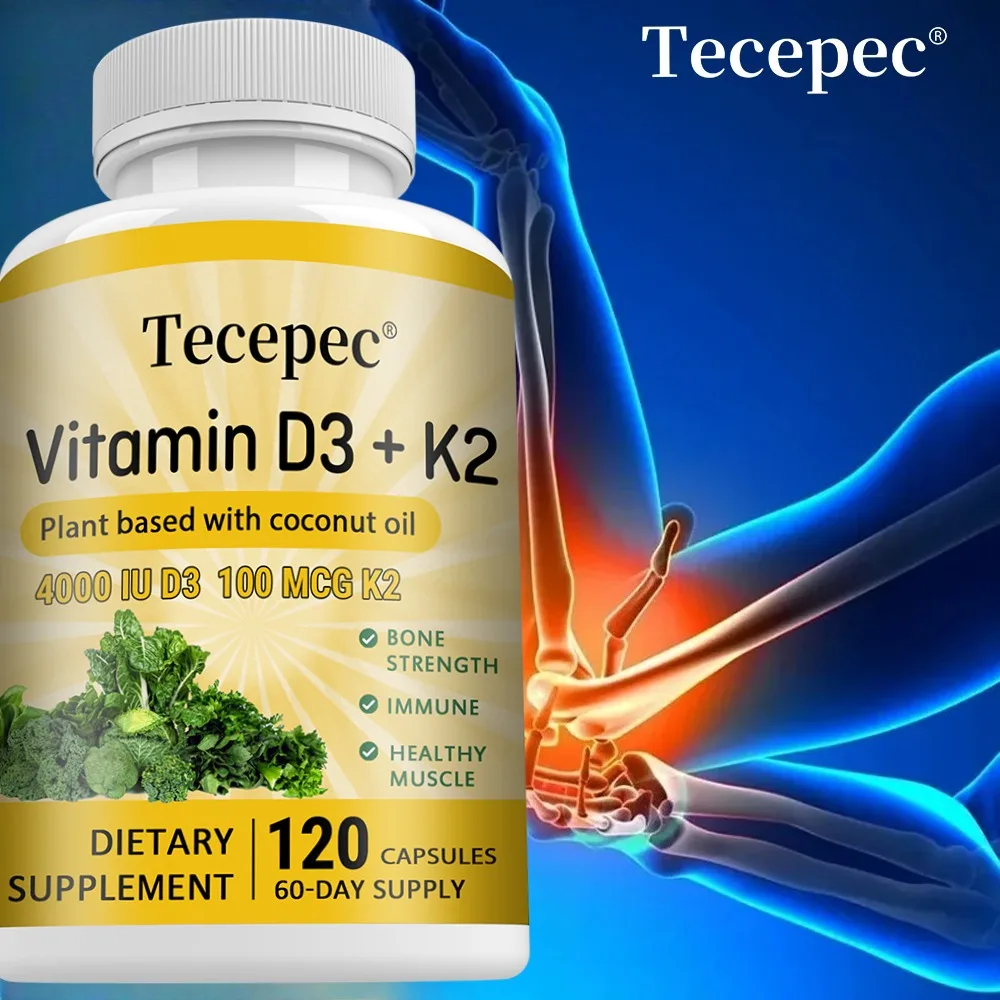 Vitamin D3 + K2, Supports Bone, Teeth, Digestion, Immune & Heart Health, Non-GMO, Dietary Supplement, 120 Capsules