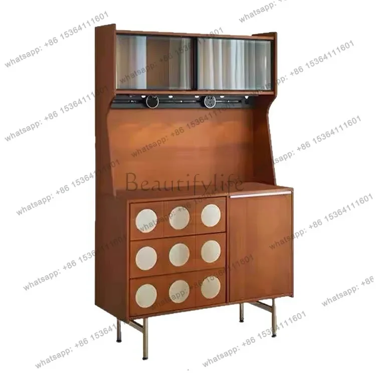 

FG11Medieval solid wood retro dining side living room integrated against the wall rock slab tea storage locker