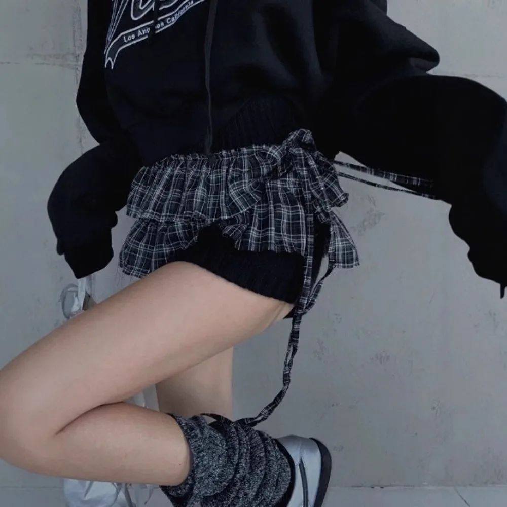 

Hip-hop Layer Outfits Plaid Skirt Sweet Y2K Lace Up Hip Scarf Korean Style Shirt Extender Ruffled Edge Waistband