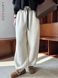 [LANMREM] Drawstring Design Wool Pants Women's Elastic High Waist Straight Trousers Casual Warm Clothing 2024 Winter New 26C984