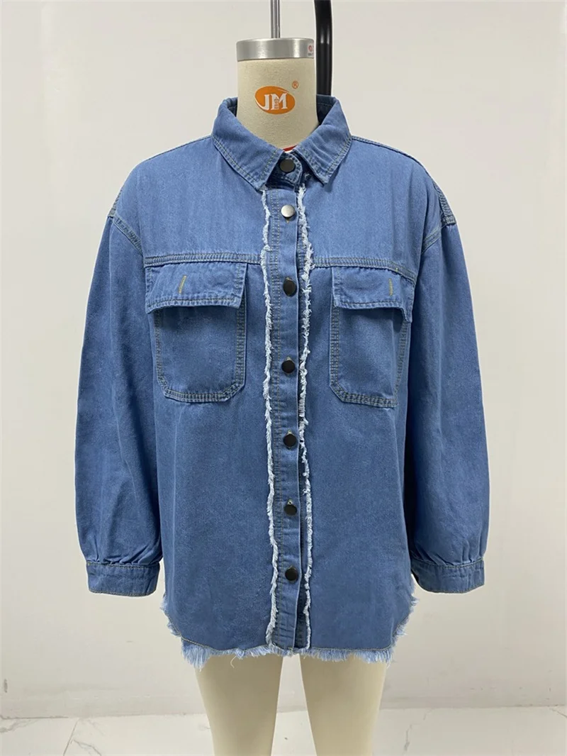 Casual Jeans Jackets Ladies 2025 Lapel Single Breasted Loose Denim Coat Vintage Blue Washed Long Sleeve Women Jackets Streetwear