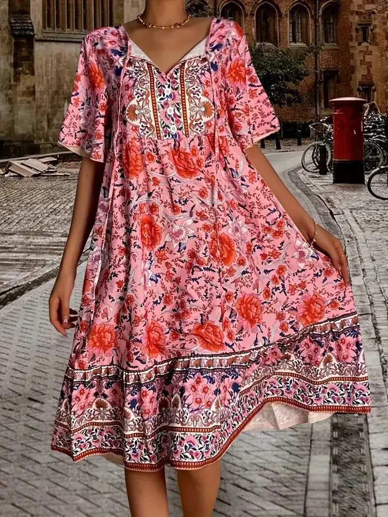 Abito estivo Boho 2025 Mini abito floreale con scollo a V da donna con maniche a sbuffo e spacco laterale Abito da cerimonia nuziale fluido da spiaggia Nuovo estivo