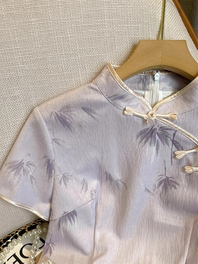 

Новый Sle фиолетовый цветочный принт Charmeuse тканевый воротник Jia Ji ort Sve летний наряд традиционный китайский элемент...