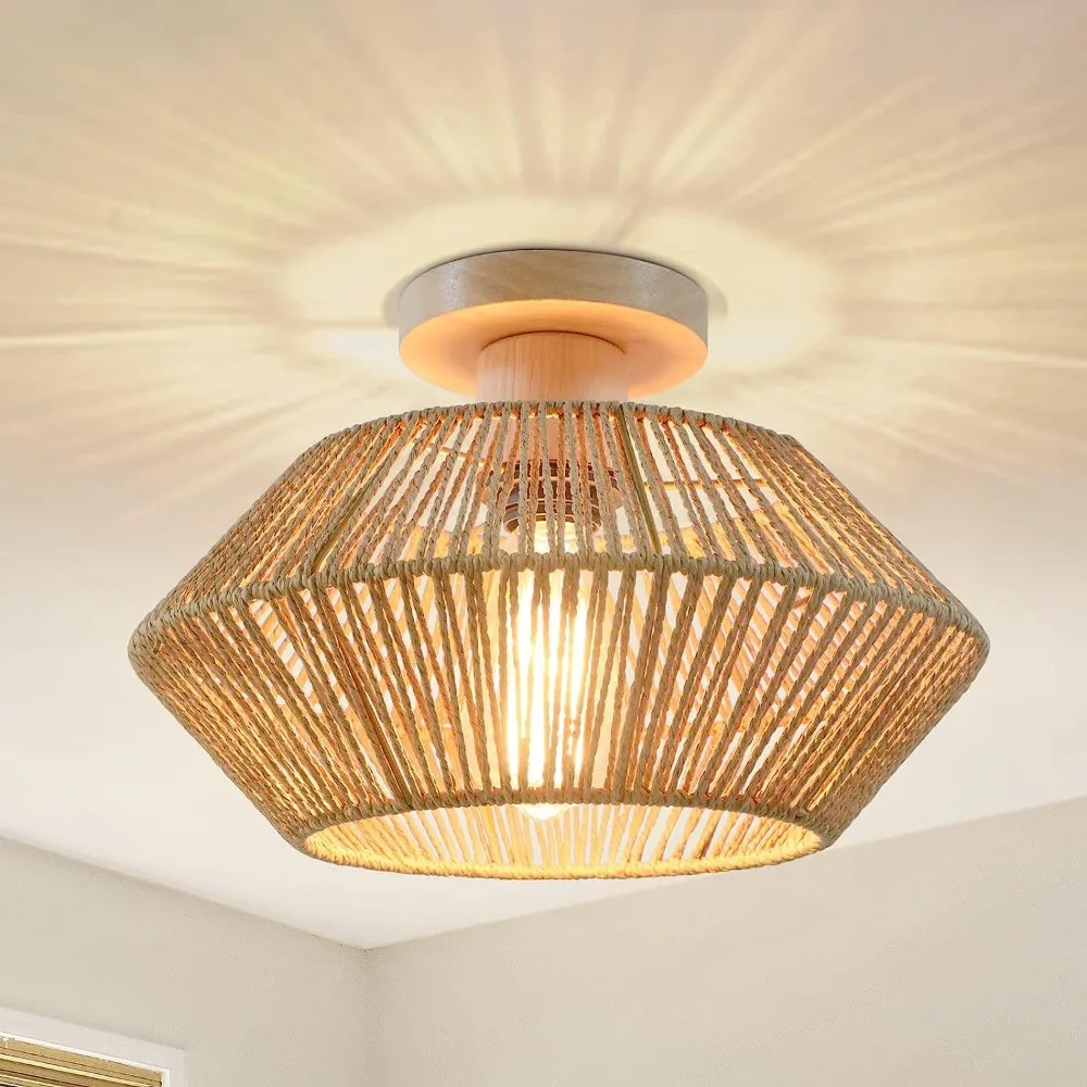 

Led Rattan Ceiling Light Chinese Style Lampshade Hemp Rope Design Ceiling Light Fixture for Home Living Room Decorative Lighting