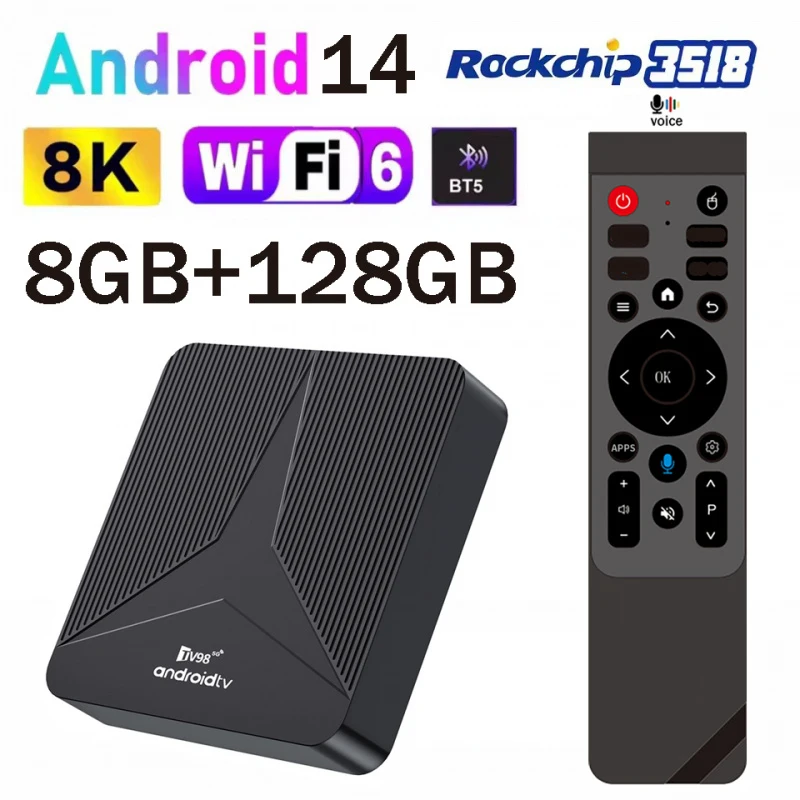 

ТВ-приставка TV98 ATV RK3518 на Android 14, смарт-приставка с поддержкой 5G/4G, двойным Wi-Fi, BT5.0, 8K/4K Ultra HD, голосовым пультом, 8 ГБ/128 ГБ памяти, для потокового вещания и IPTV.