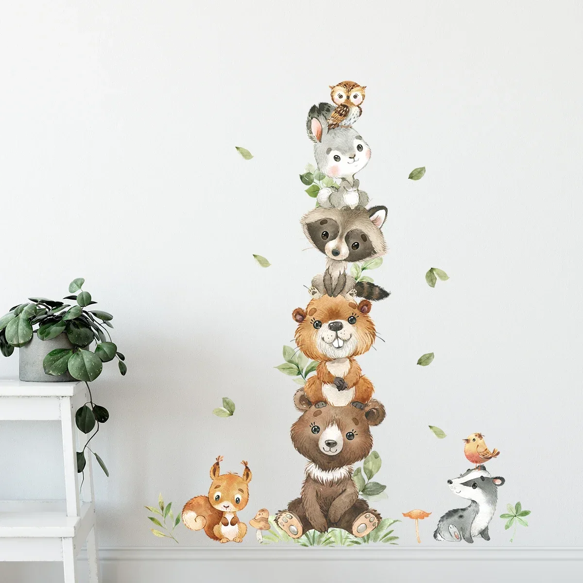 1PC Cartoon Stacked Small Animals Bear Rabbit Raccoon Wall Stickers for Kids Room Bedroom Home Decoration Wall Decor