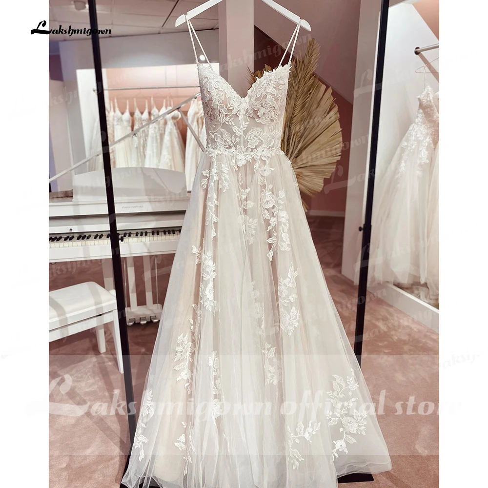 Lakshmigown Vintage Champagner Tüll Brautkleid Maßgeschneiderte A-Linie Spitze Applikationen V-Ausschnitt Rückenfreies Brautkleid abito da sposa