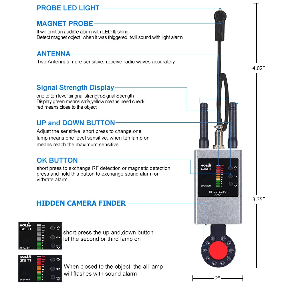 Profissional sem fio detector de sinal rf bug gsm gps rastreador mini câmera localizador ir varredura ai espera detecção automática
