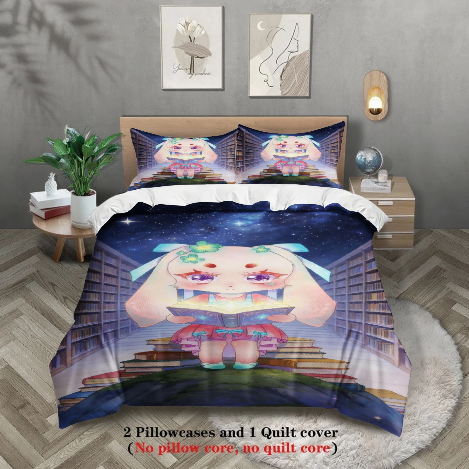 Softville Cozy Town 3PCS Bedding Sets Lop Rabbit Sitting On Books Pint Duvet Cover No filling Cartoon Style Queen King Size