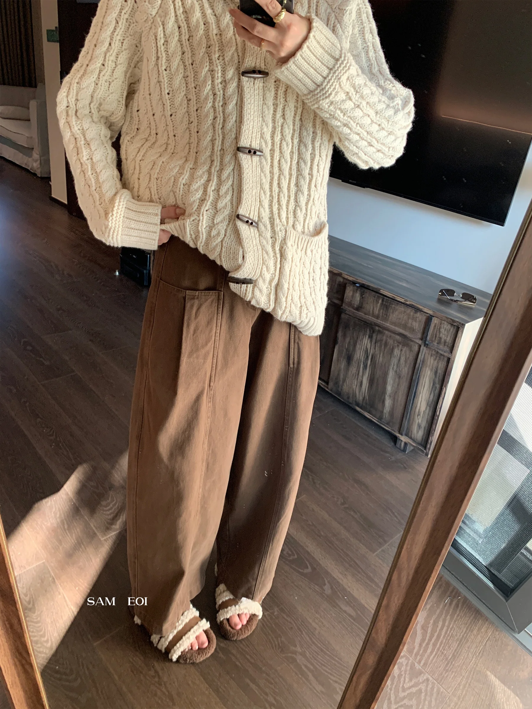 

Винтажные широкие джинсы Sam Seoi для женщин, зимние повседневные брюки с высокой талией, прямого кроя, длинные штаны