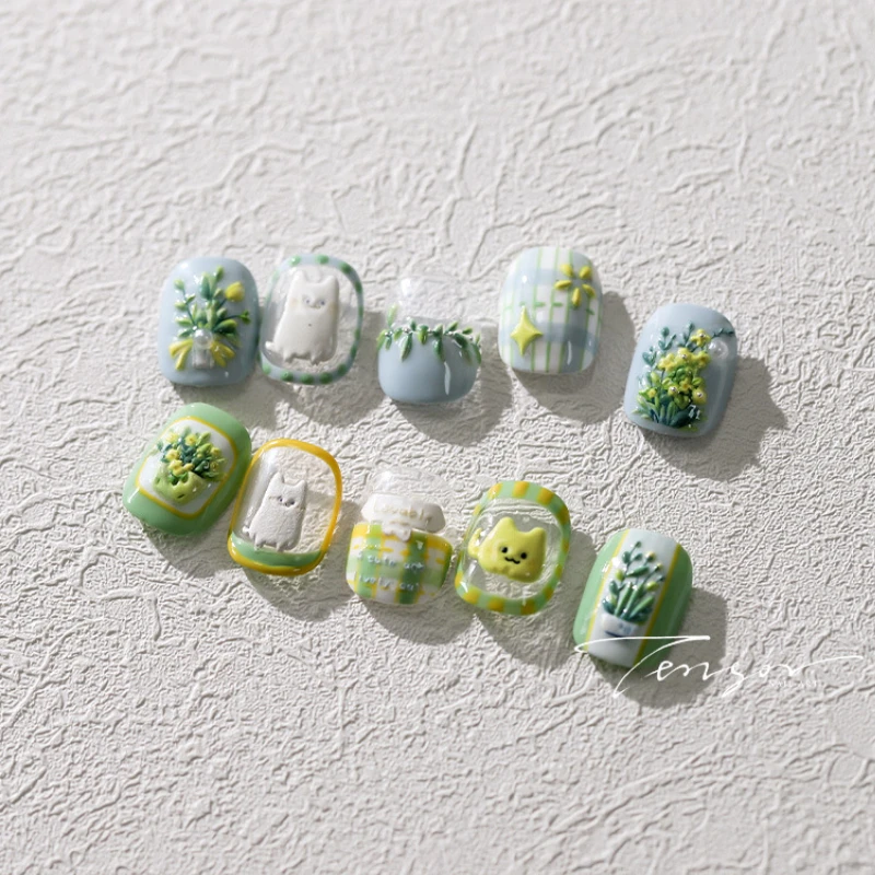 1 pc 5D cute cat nail sticker high quality green potted flower embossed self-adhesive nail art sticker exquisite nail art decal