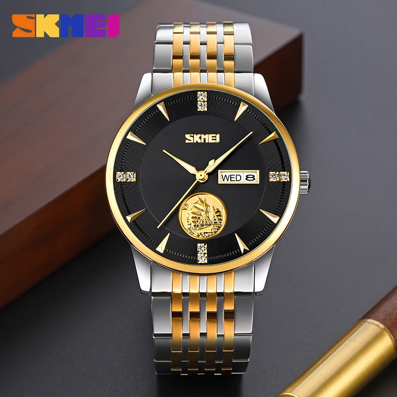 SKMEI Steel Band Men's Business Watch Stylish and Elegant Men's Model with Butterfly Clasp, Waterproof, Calendar, Quartz Watch