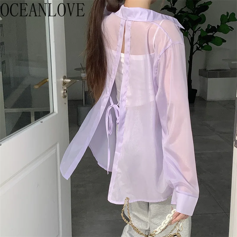 

OCEANLOVE яркие цвета милые женские рубашки и блузки тонкие солнцезащитные кремы на шнуровке Blusas Mujer корейская мода повседневные майки