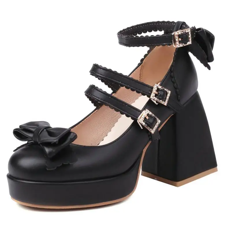 ORCHA LISA Mary Shoes For Women Round Toe Chunky Heel 9cm Platform Buckle Strap Bow Sweet Dating Pumps Big Size 44 45 46