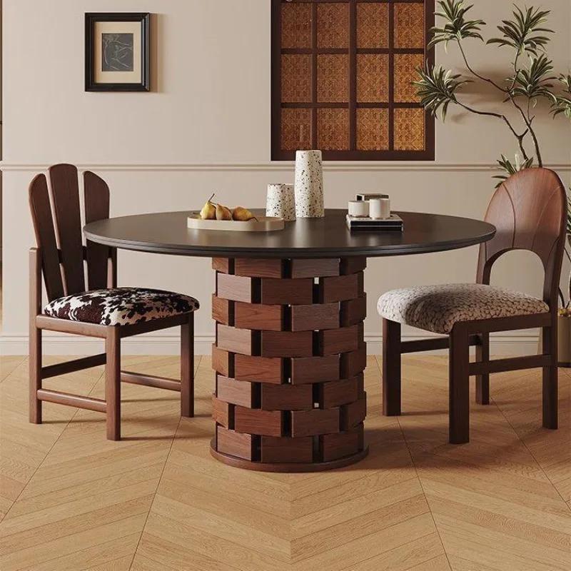 Medieval dining table round building block rock slab dining table, small household matte black rock slab