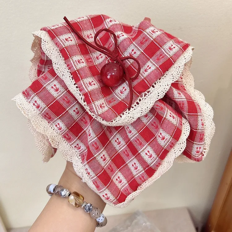 Red Plaid Cherry Windmill Hair Ring Large Intestine Hair Ring Spring New Cherry Square Ring Hair Accessories Head Rope Headdress