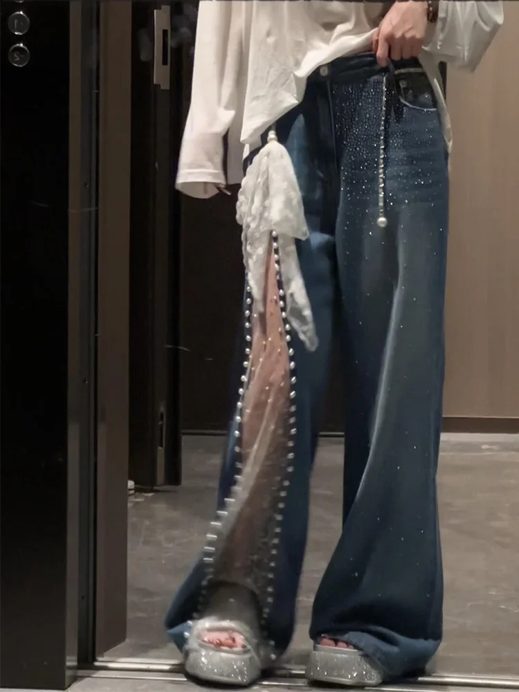 

Джинсовые брюки в стиле ретро с американским бриллиантом и жемчугом, женские сексуальные кружевные брюки длиной до пола с высокой талией, универсальные на четыре сезона