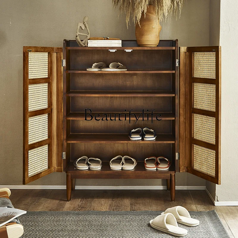 Sapateira de madeira maciça Rattan, Entrada Storage Locker, Apartamento pequeno