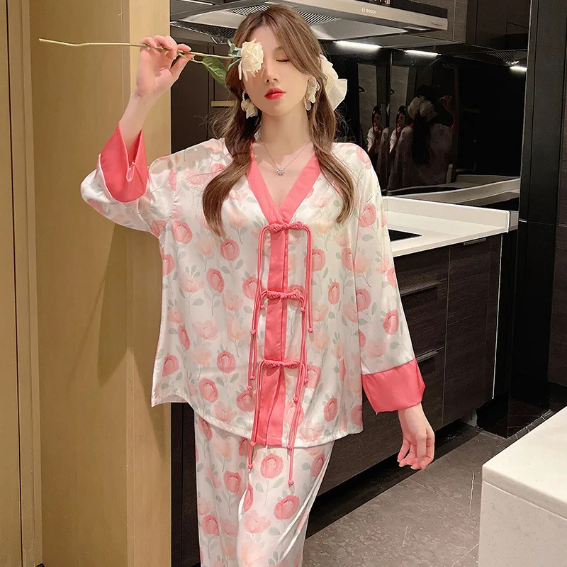 Women\'s 2 Piece Pajamas Set Floral Pijama Faux Silk Satin Pyjama Female Sleepwear Long Sleeve V-Neck Shirt Pants Suits Homewear