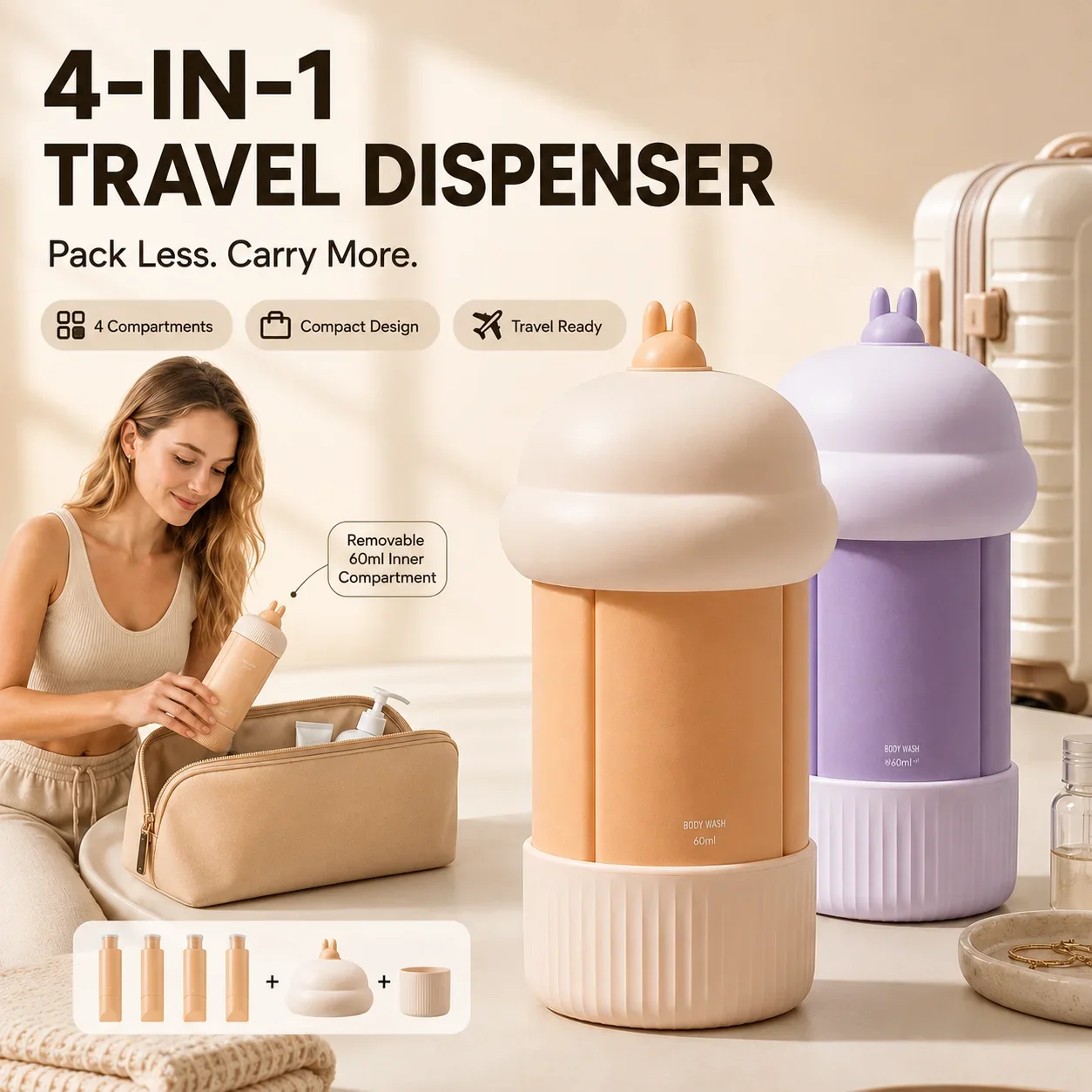 4 in 1 Travel Dispenser Bottle Refillable Toiletry Container Portable Shampoo Lotion Body Wash Conditioner Bottle