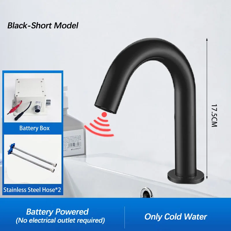 Zwarte automatische aanraakvrije infraroodsensor badkamerkraan. Touchless tapware. Koud warm water mixer kraan. Badkamer gootsteen kraan