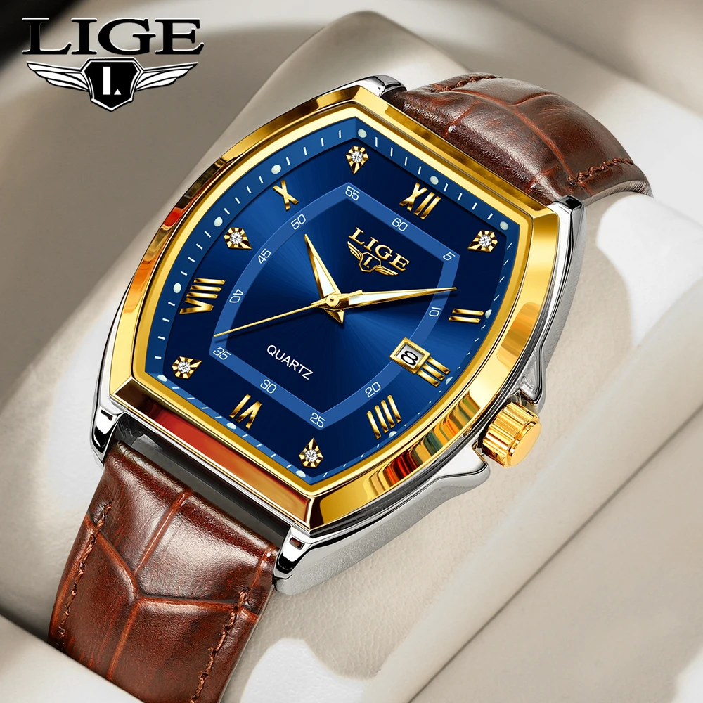 

LIGE Men's Watches Luxury Original Top Brand Quartz Watch for Men Leather Waterproof Luminous Diamond Dial Date Male Wristwatch