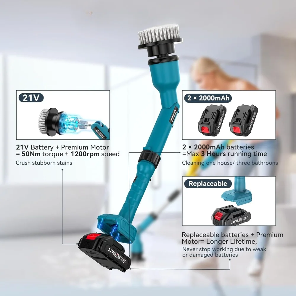 HAOYUNMA 21V Electric Spin Scrubber, Max 1000RPM potente spazzola per la pulizia senza fili, con braccio di prolunga regolabile da 50 pollici