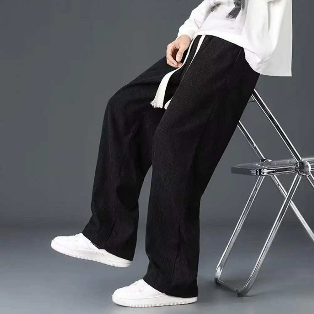 Elastic Waist Drawstring Pants Men's Corduroy Drawstring Pants with Elastic Waist Wide Leg for Spring Fall Thick Plush Slacks