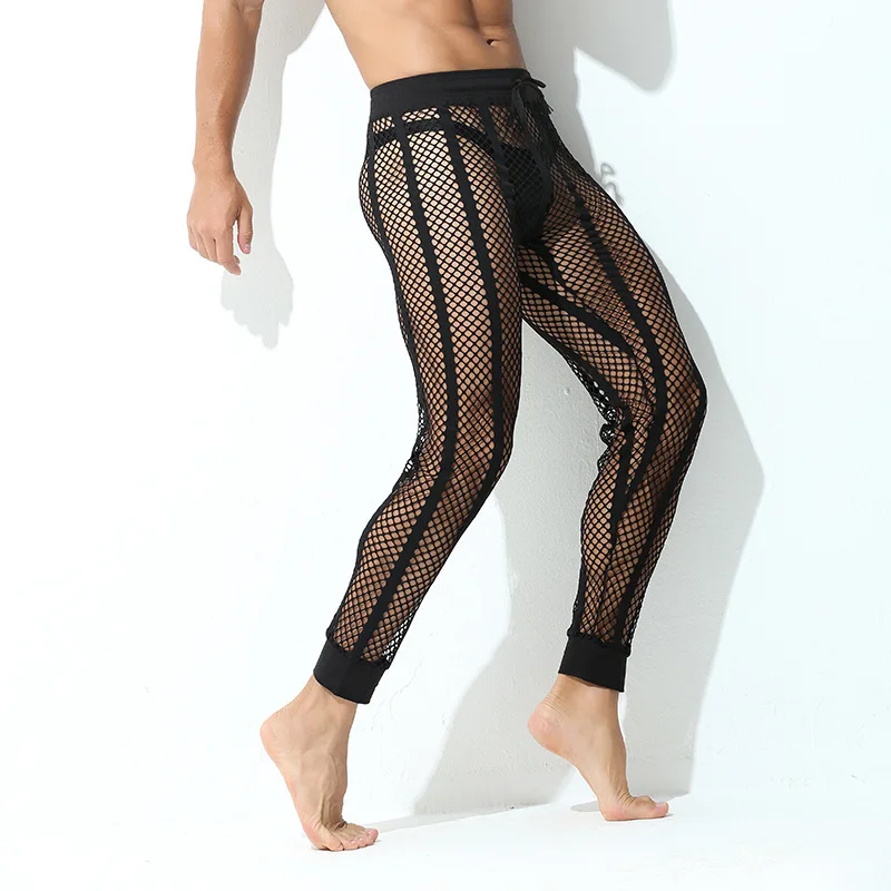 Men's Pants Summer Casual Breathable Lace-Up Pajama Pants Wide Hollow Out Mesh Stripe Sexy Sports Pants