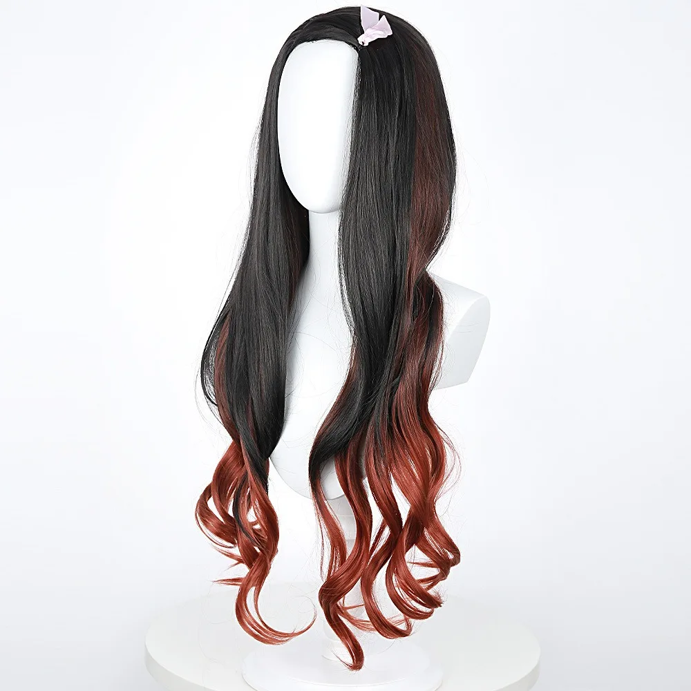 Demon slayer lâmina fogão porta você feijão peruca cosplay preto gradiente laranja longo cabelo encaracolado cor bloqueada anime cos peruca