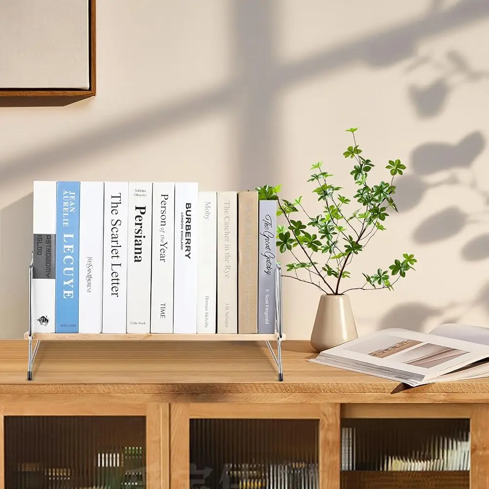 Wood Desktop Bookshelf, Tabletop Book Organizer Ra In Living Room/Home/Office, Tilting Bookcase For Books/Cds/Magazine Display