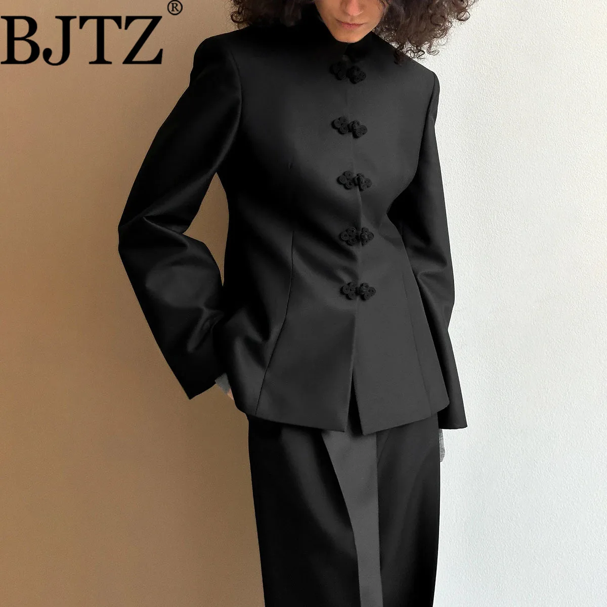 

BJTZ Elegant Satin Knot Button Short Coat Women Full Sleeve Waist Cinching Single Breasted Jacket 2026 Spring Commute Outerwear