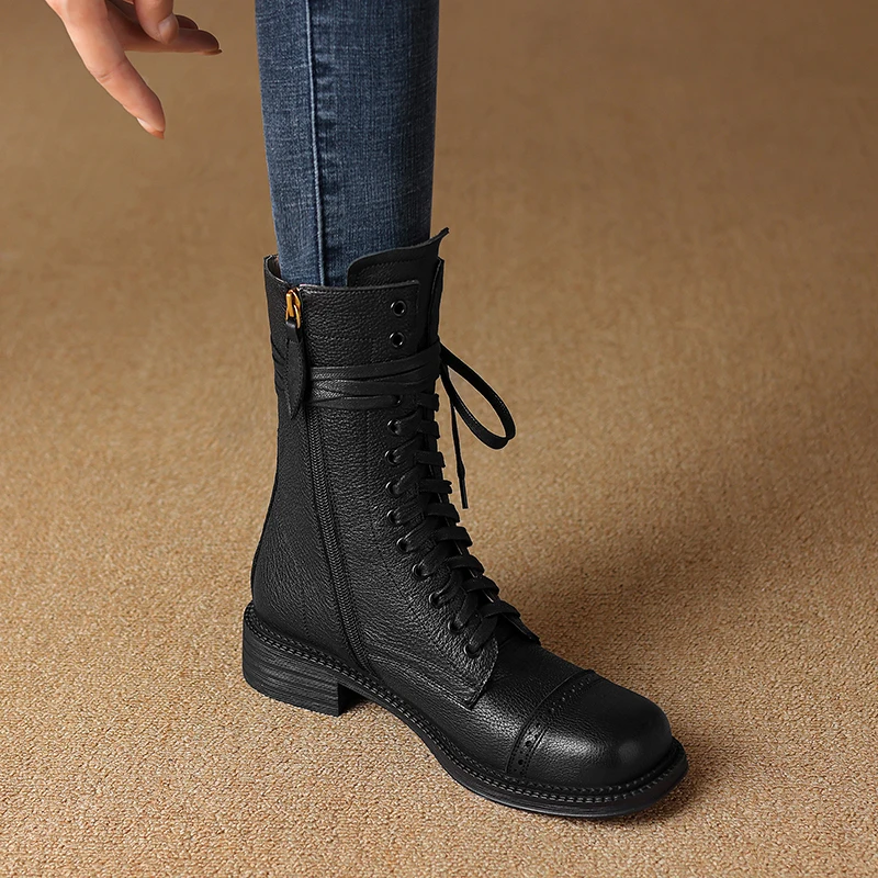 2024 New Autumn Winter Genuine Leather Women Shoes Lace-up Chelsea Women Boots Ankle Boots Chunky Boots Western Women Shoes