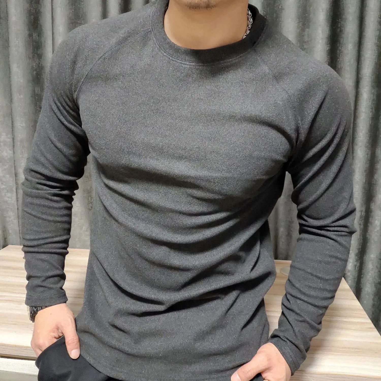 Mens Fall Winter Thermal Velvet Long Sleeve Tee Sporty Tight Fit Workout Inner Wear Base Layer Top