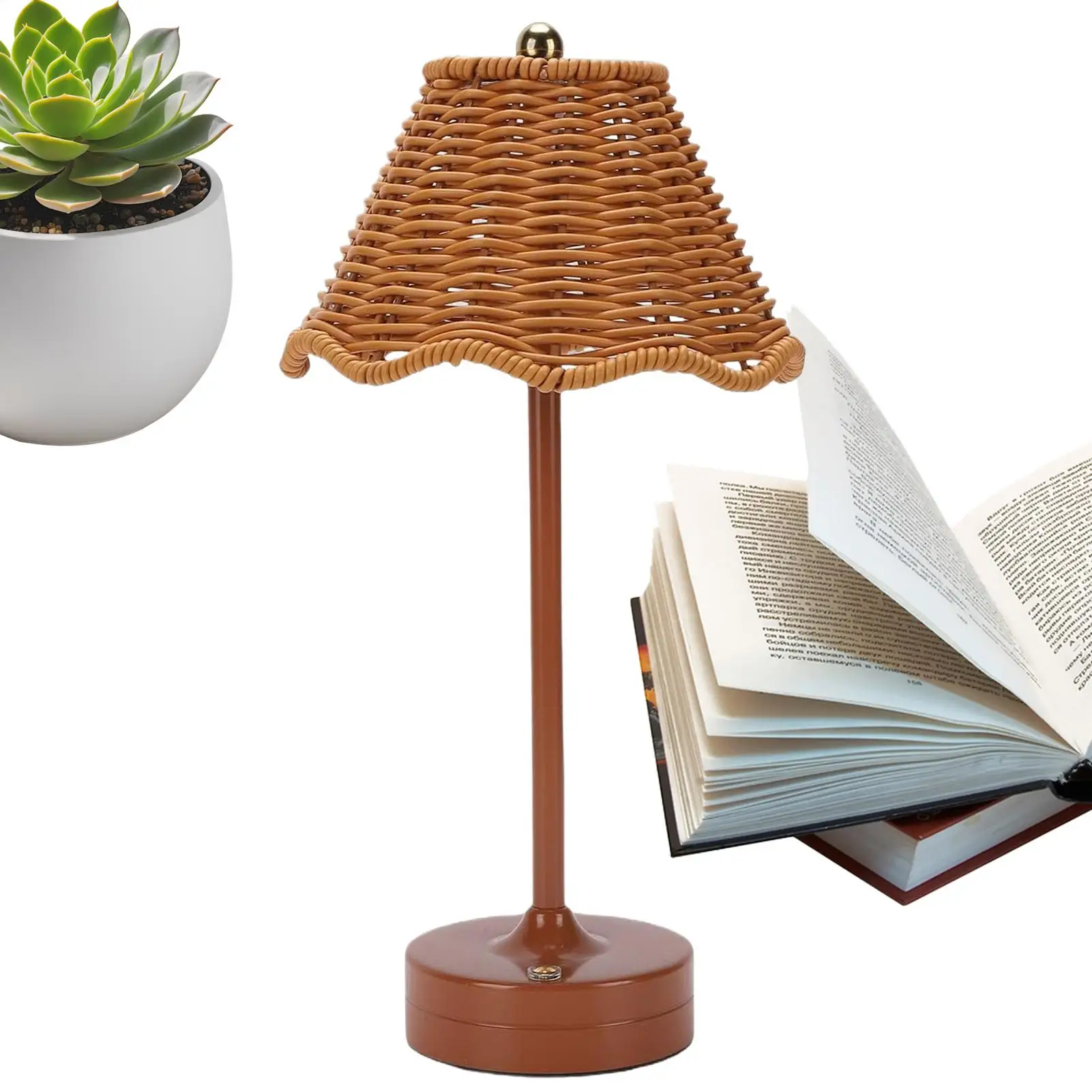 籐テーブルランプ-120-ルーメンワイヤレス充電式調節可能な人工籐照明装飾デスクランプリビングルームオフィス用