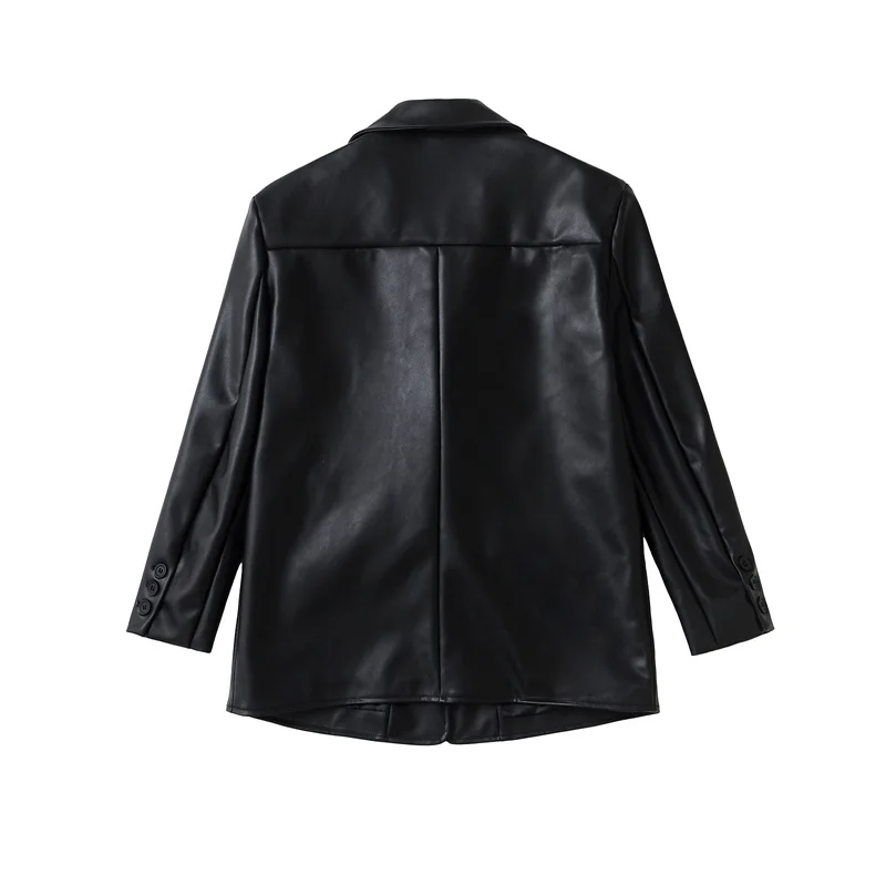 Giacca da abito in ecopelle nera primavera allentata monopetto colletto dentellato manica lunga cappotto femminile streetwear Chaqueta Mujer