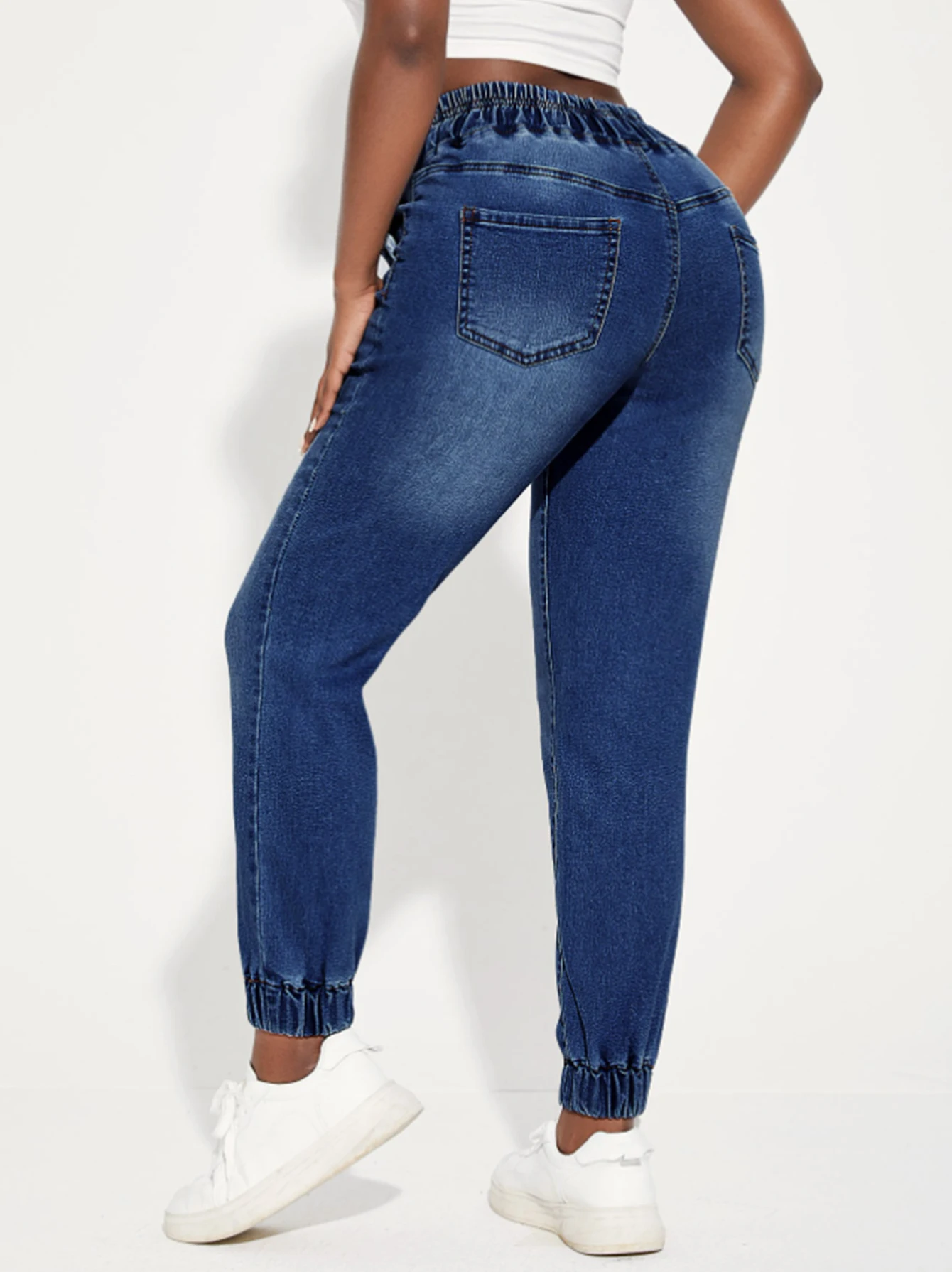 Vaqueros de mujer, pantalones vaqueros elásticos estilo deportivo con cordón y cintura elástica