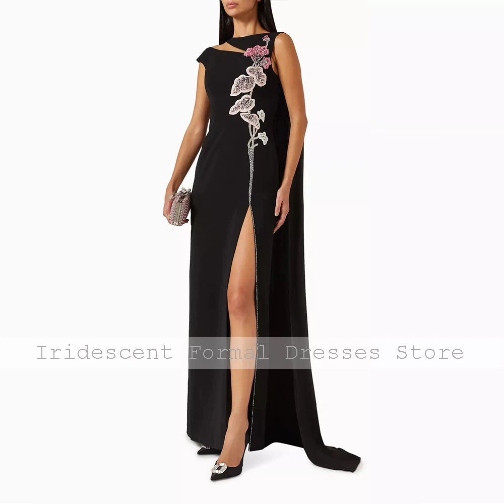 Robe de soirée noire de luxe pour femmes, longue Cape, robes de Cocktail, longueur au sol, robe de bal élégante avec perles et fente